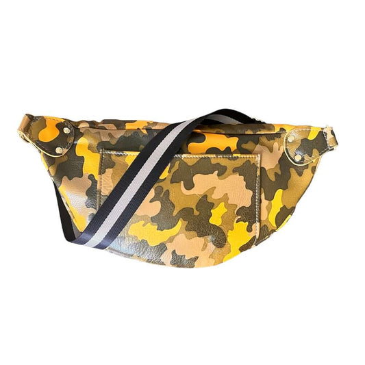 The Joan Yellow Camo Crossbody Bag made of supple Italian leather, featuring gold hardware and stylish design.