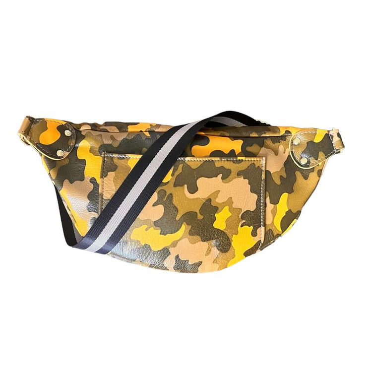 The Joan Yellow Camo Crossbody Bag made of supple Italian leather, featuring gold hardware and stylish design.