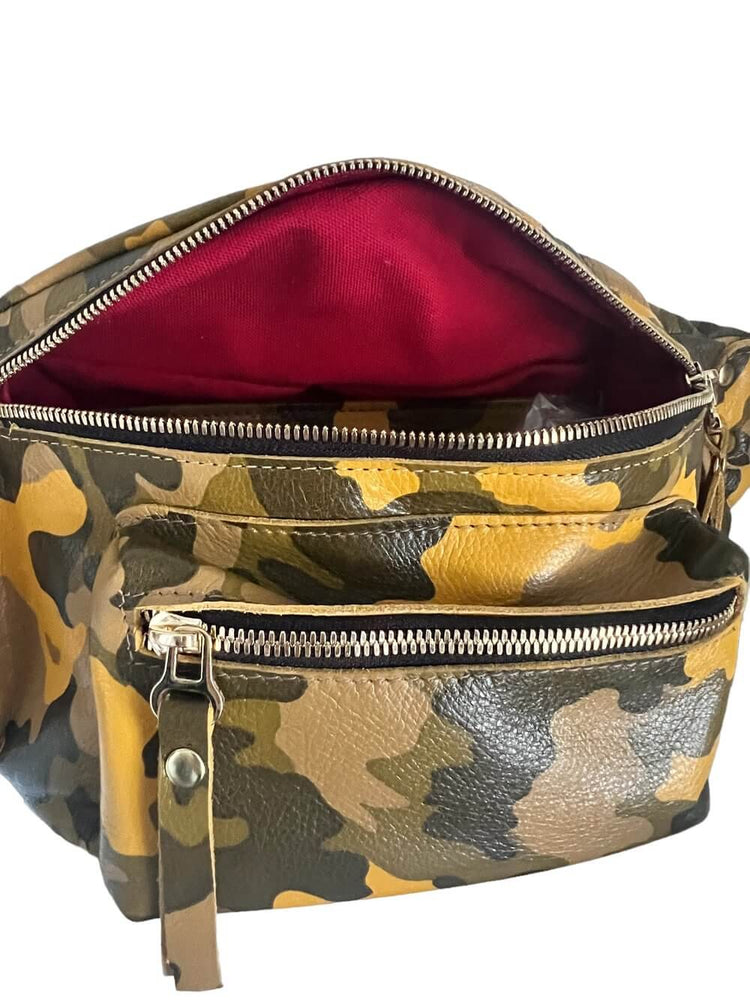 Interior view of The Joan Yellow Camo Crossbody Bag showcasing supple leather and vibrant interior.