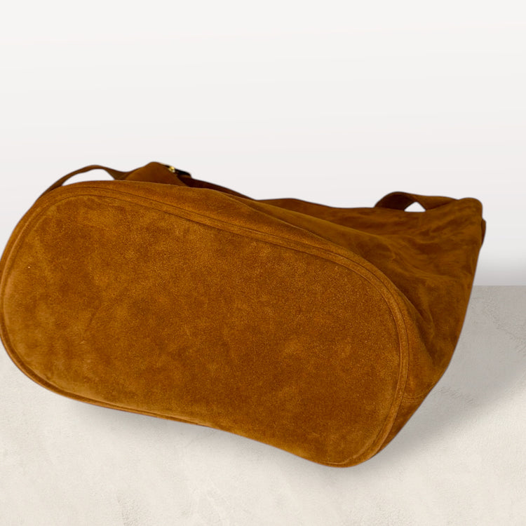 The Keaton Bucket Bag in Caramel Suede