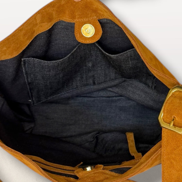 The Keaton Bucket Bag in Caramel Suede