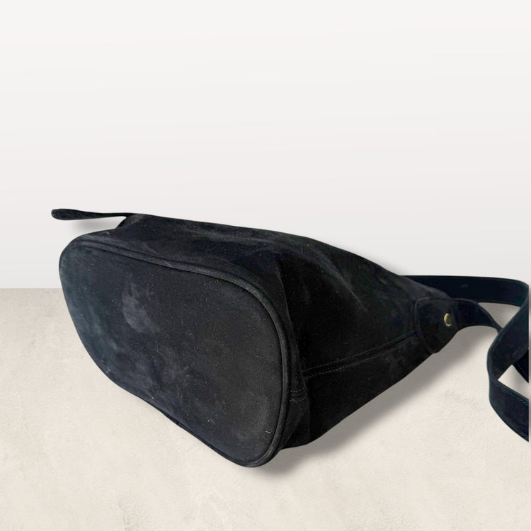 The Keaton Bucket Bag in Black Suede