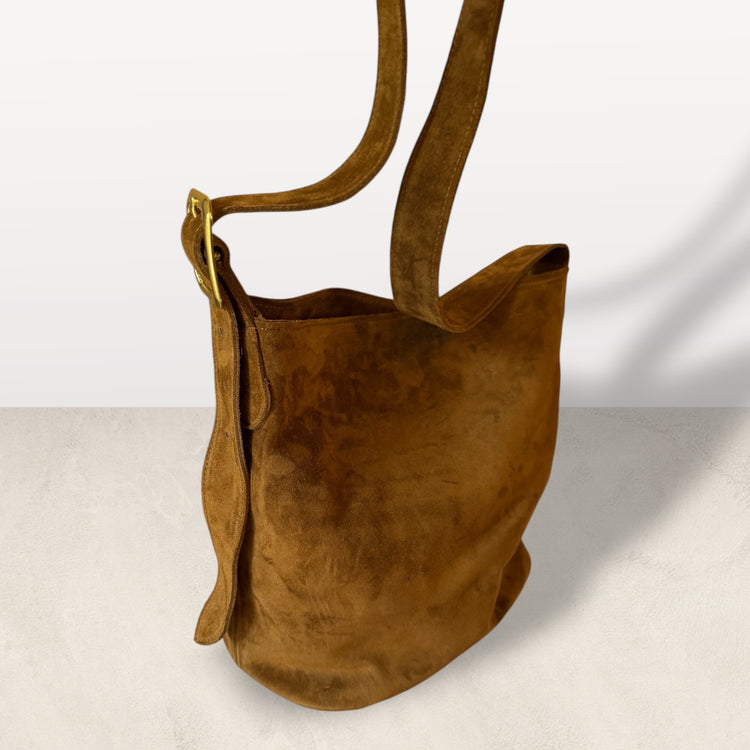 The Keaton Bucket Bag in Tobacco Suede