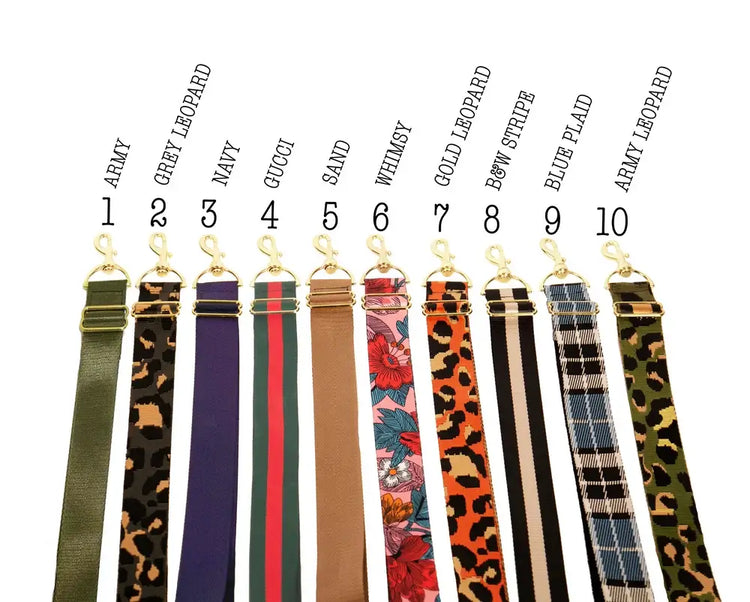 Variety of colorful crossbody bag straps including Army, Grey Leopard, Navy, Gucci, Sand, Whimsy, Gold Stripe, Blue Plaid, and Army Leopard.