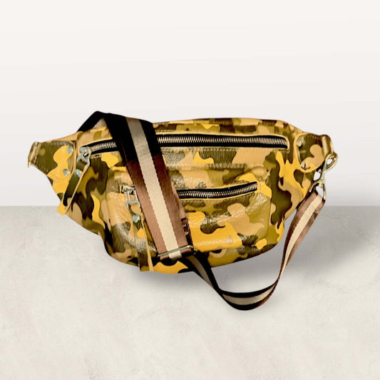 Joan Yellow Camo Crossbody Bag in supple leather with gold hardware and multiple zipper pockets for everyday essentials.