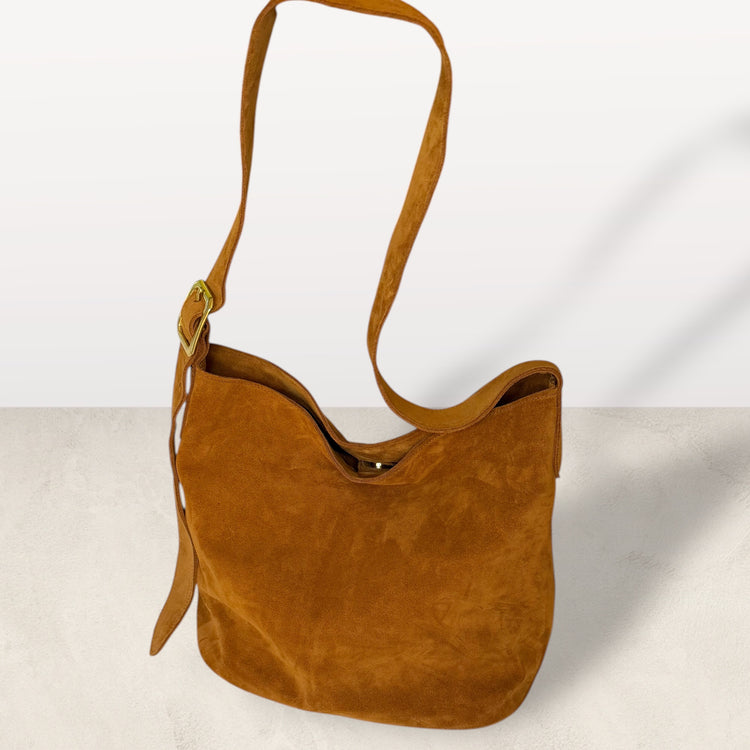 The Keaton Bucket Bag in Caramel Suede