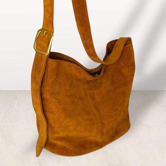 The Keaton Bucket Bag in Caramel Suede