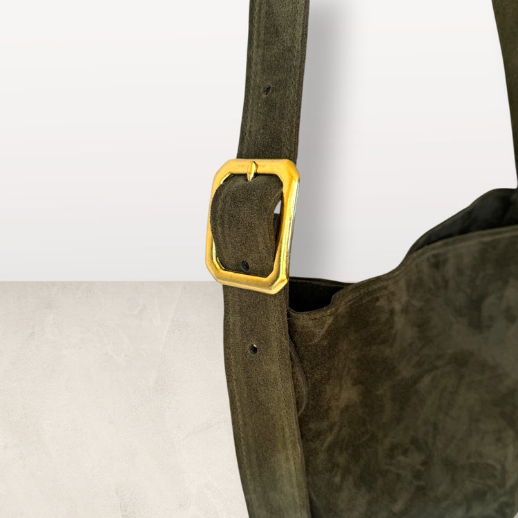 The Keaton Bucket Bag in Army Suede