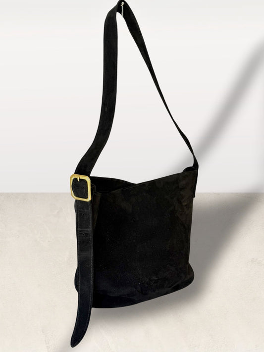 The Keaton Bucket Bag in Black Suede