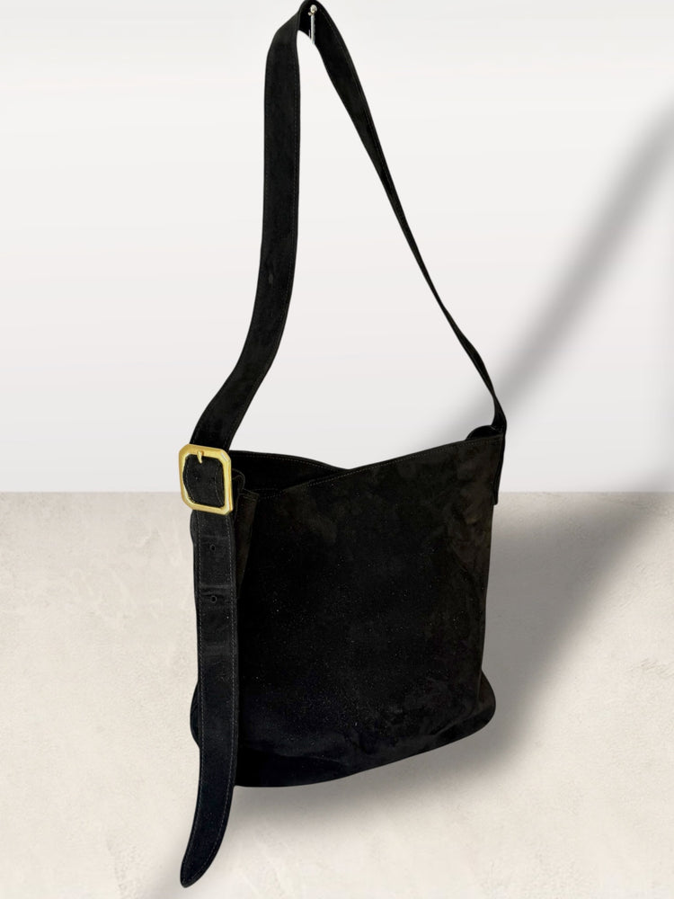 The Keaton Bucket Bag in Black Suede