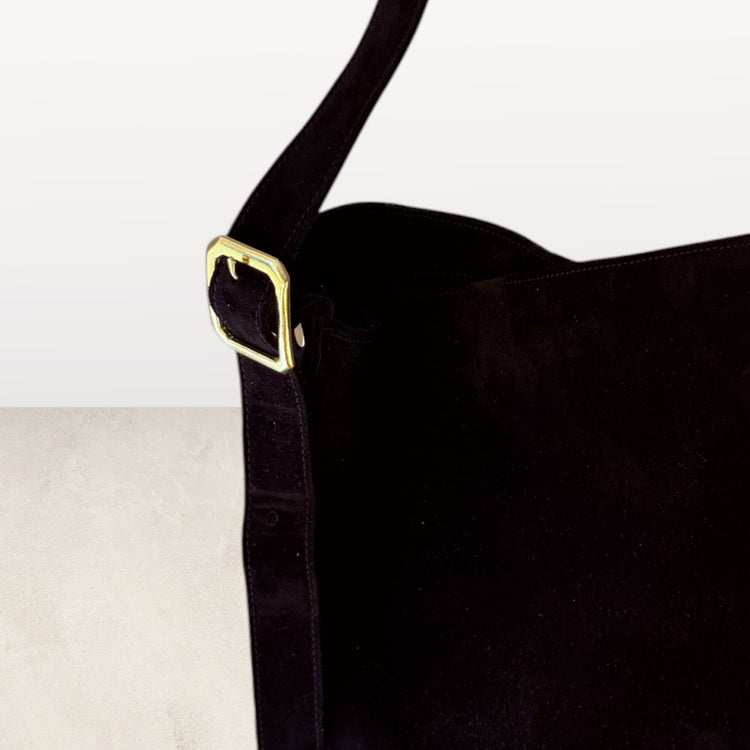 The Keaton Bucket Bag in Black Suede